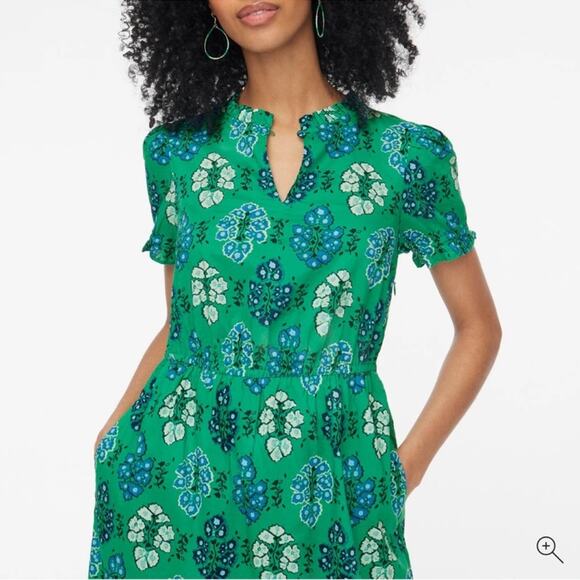 J.Crew Petite Printed ruffleneck puff-sleeve midi dress - Picture 2 of 6
